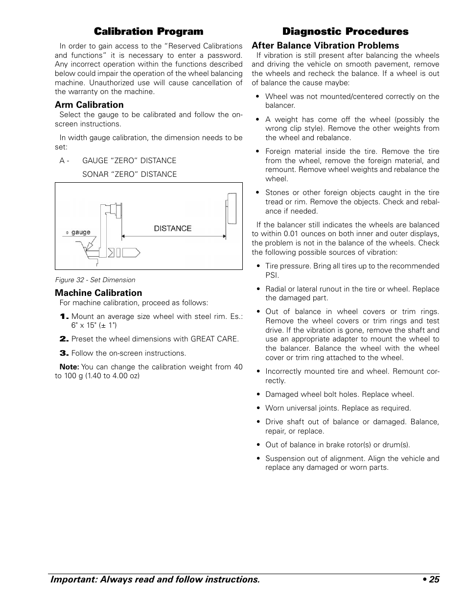 Calibration program, Diagnostic procedures | COATS ProRide Wheel Balancer User Manual | Page 29 / 34