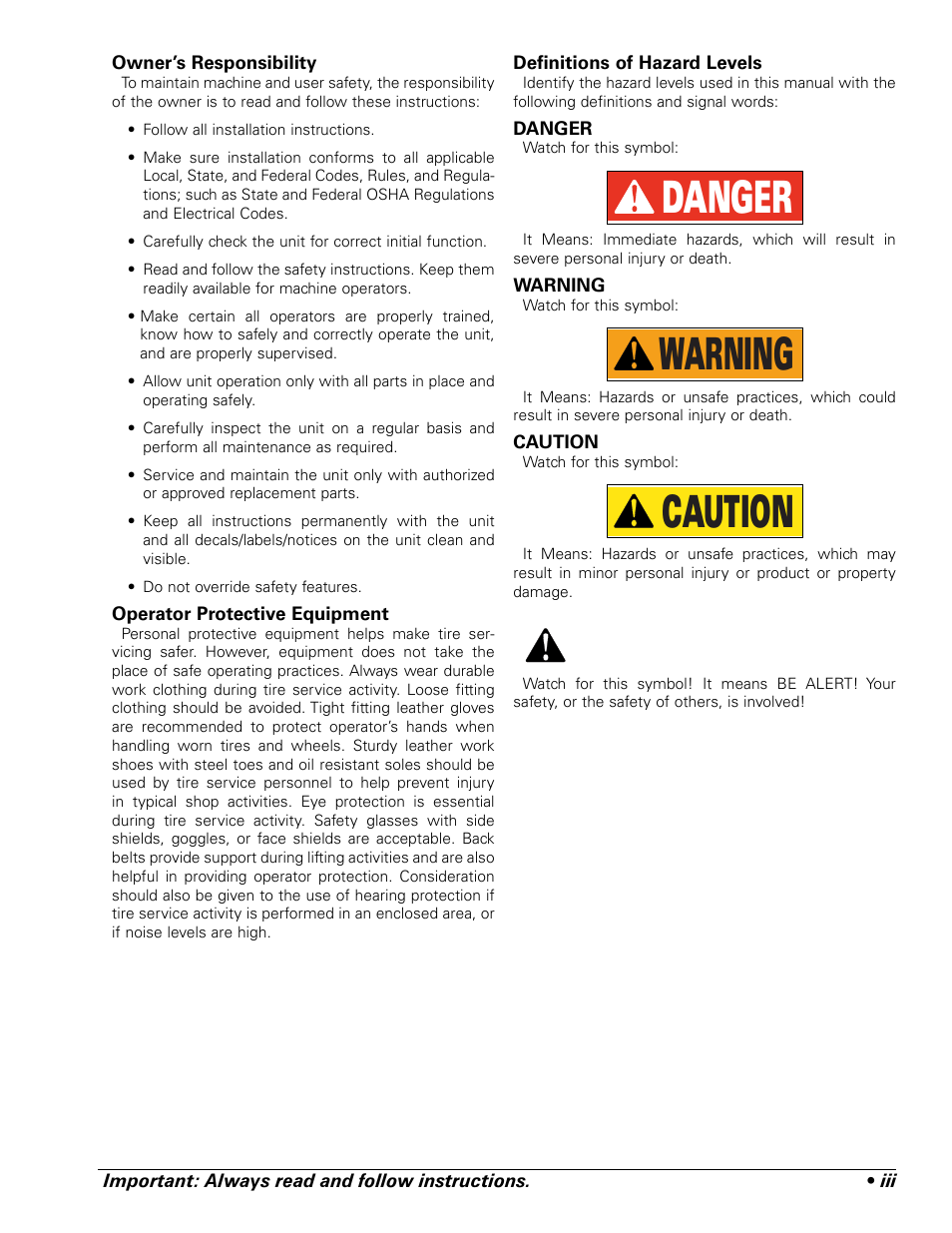 Danger, Warning, Caution | COATS ProRide Wheel Balancer User Manual | Page 3 / 34