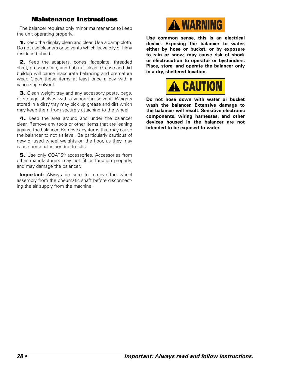 Maintenance instructions, Warning, Caution | COATS ProRide Wheel Balancer User Manual | Page 32 / 34