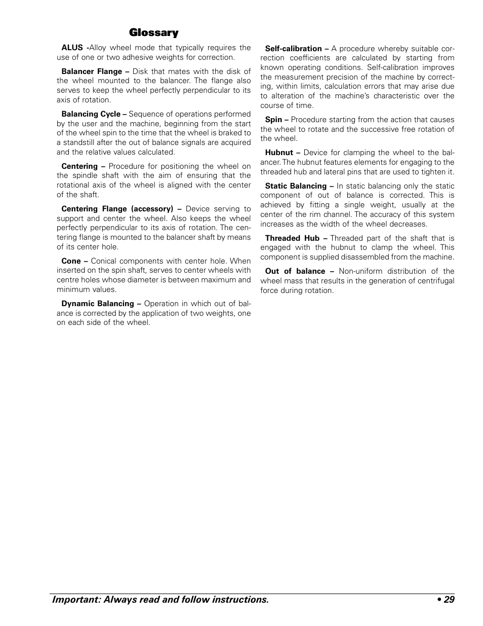 Glossary | COATS ProRide Wheel Balancer User Manual | Page 33 / 34