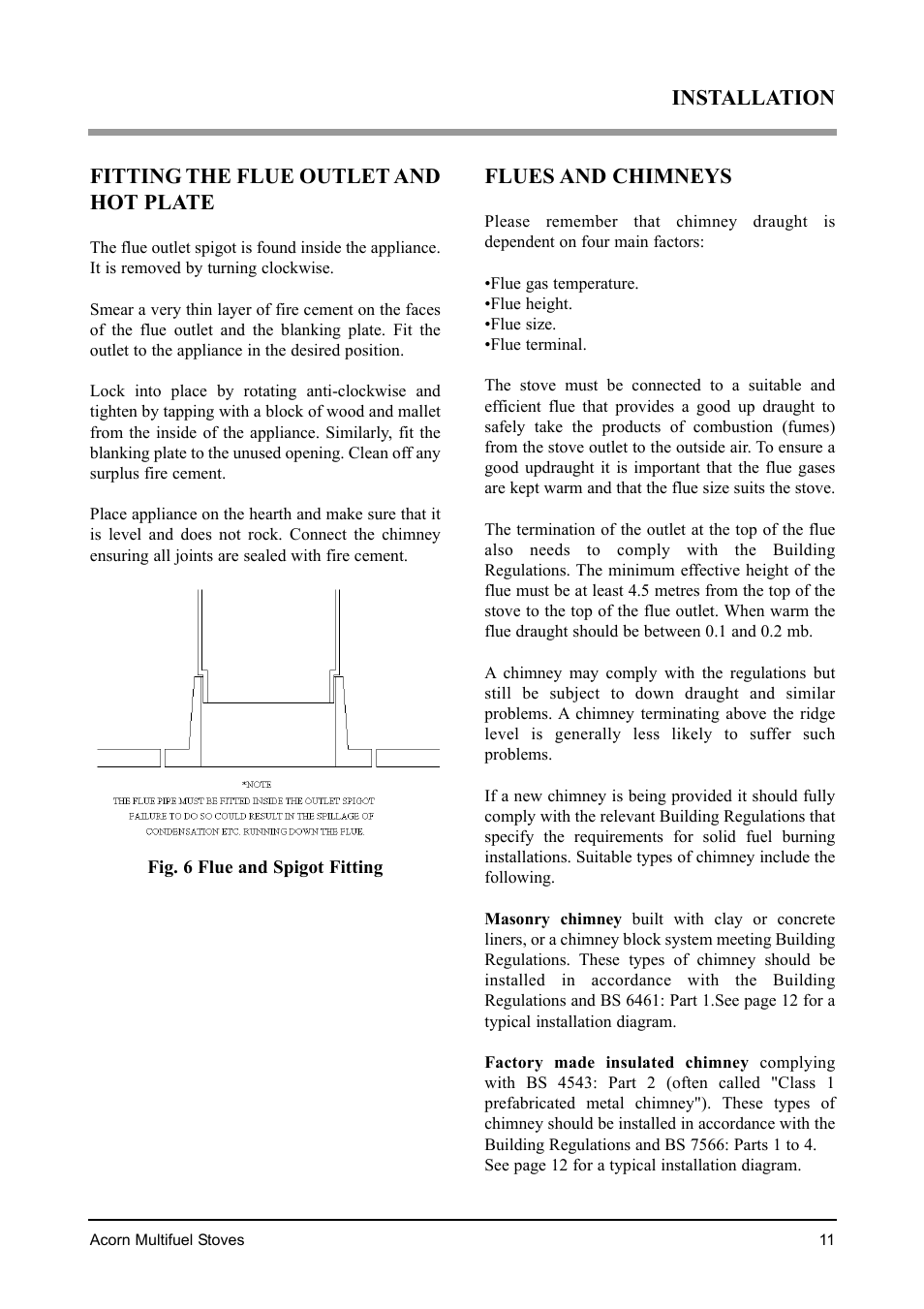 Fitting the flue outlet and hot plate, Flues and chimneys, Installation | Aarrow Fires Acorn 4 User Manual | Page 11 / 28