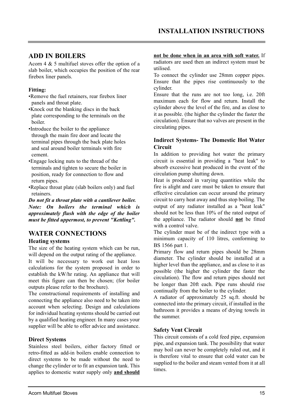 Add in boilers, Water connections, Installation instructions | Aarrow Fires Acorn 4 User Manual | Page 15 / 28