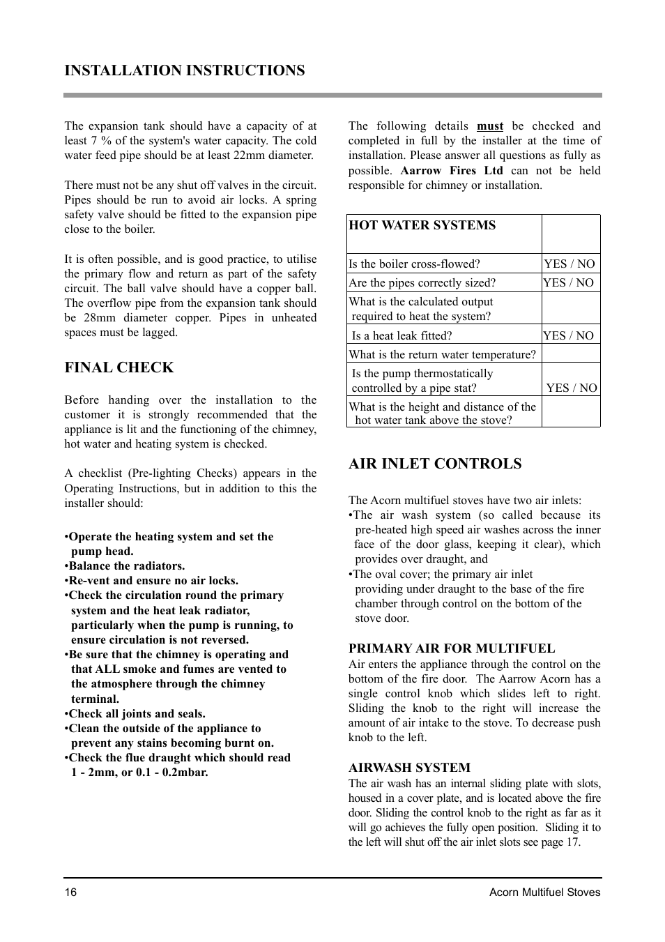Installation instructions, Final check, Air inlet controls | Aarrow Fires Acorn 4 User Manual | Page 16 / 28