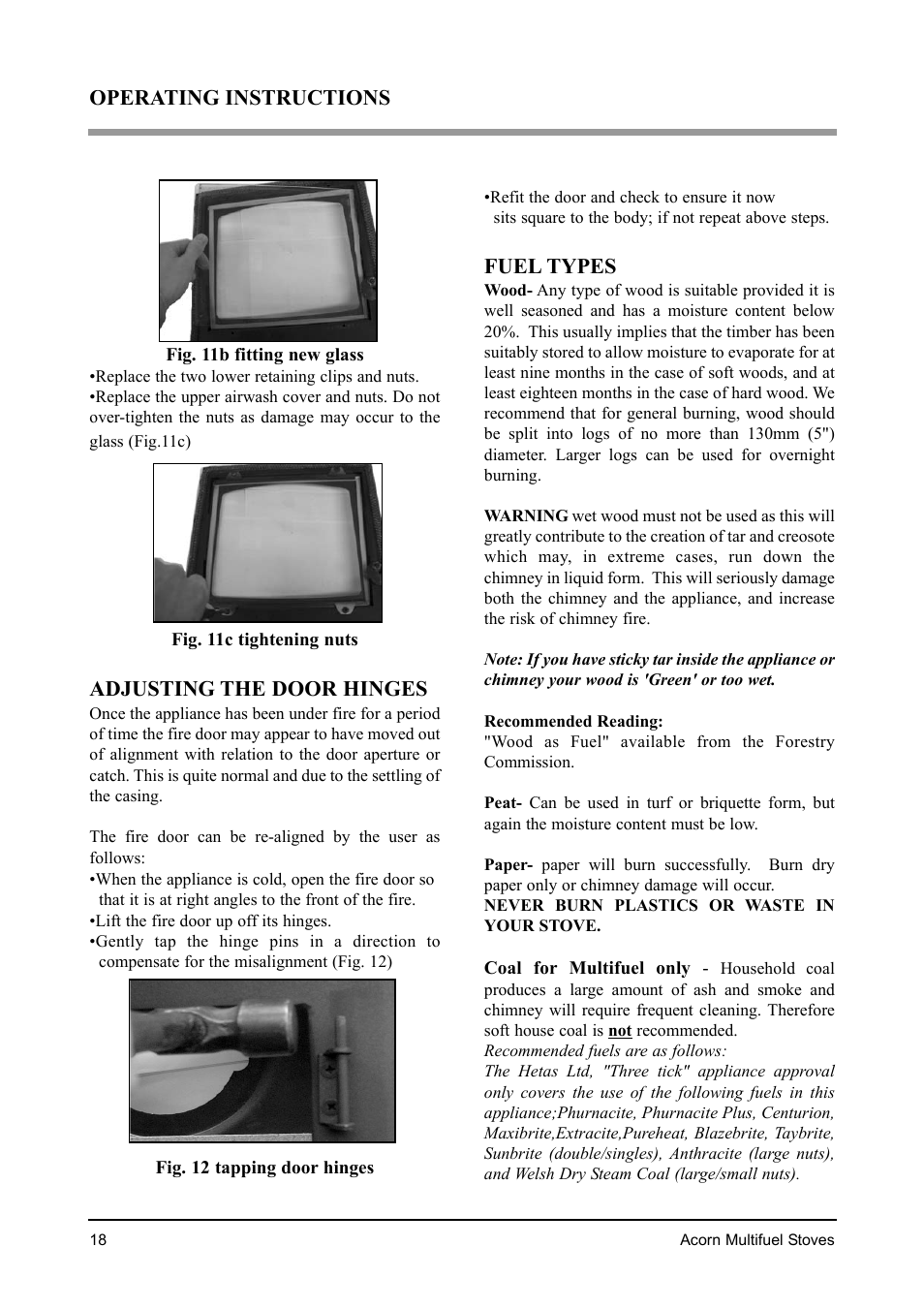 Adjusting the door hinges, Fuel types, Operating instructions | Aarrow Fires Acorn 4 User Manual | Page 18 / 28