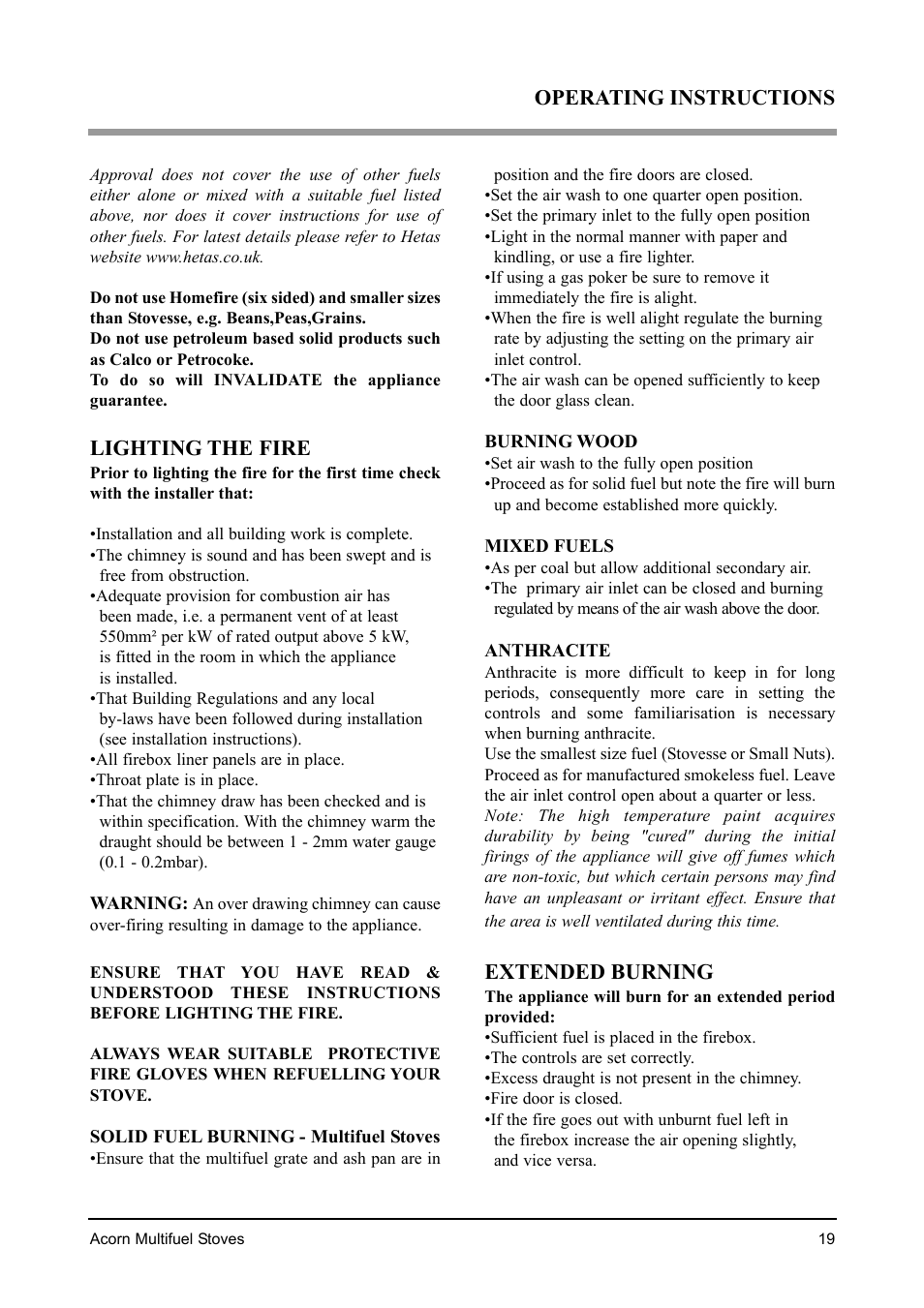 Lighting the fire, Extended burning, Operating instructions | Aarrow Fires Acorn 4 User Manual | Page 19 / 28