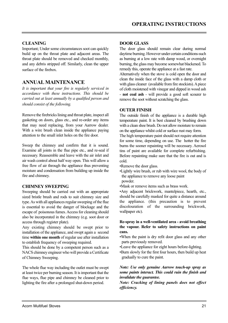 Operating instructions, Annual maintenance | Aarrow Fires Acorn 4 User Manual | Page 21 / 28