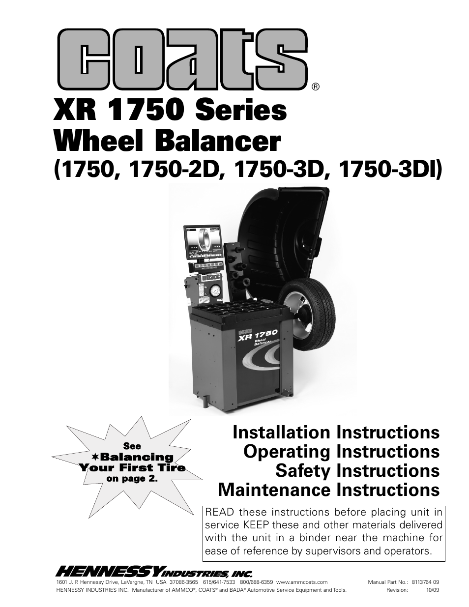 COATS Series XR 1750, 1750-2D, 1750-3D, 1750-3DI Balancer User Manual | 40 pages