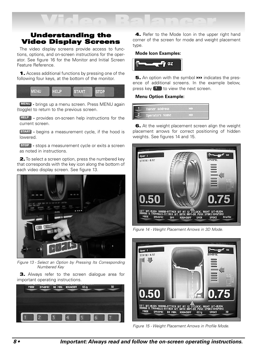 Video balancer, Understanding the video display screens | COATS Series XR 1750, 1750-2D, 1750-3D, 1750-3DI Balancer User Manual | Page 14 / 40