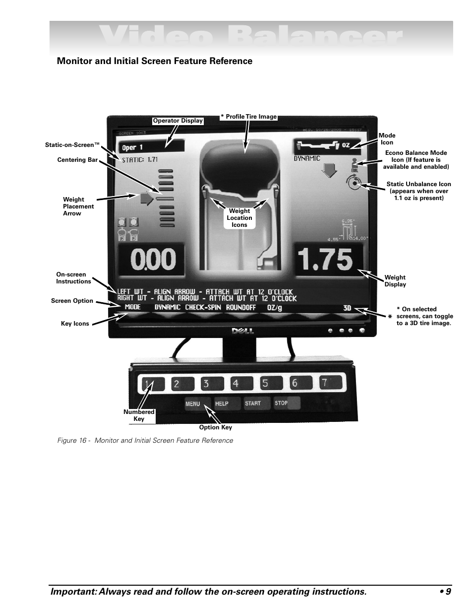 Video balancer, Monitor and initial screen feature reference | COATS Series XR 1750, 1750-2D, 1750-3D, 1750-3DI Balancer User Manual | Page 15 / 40