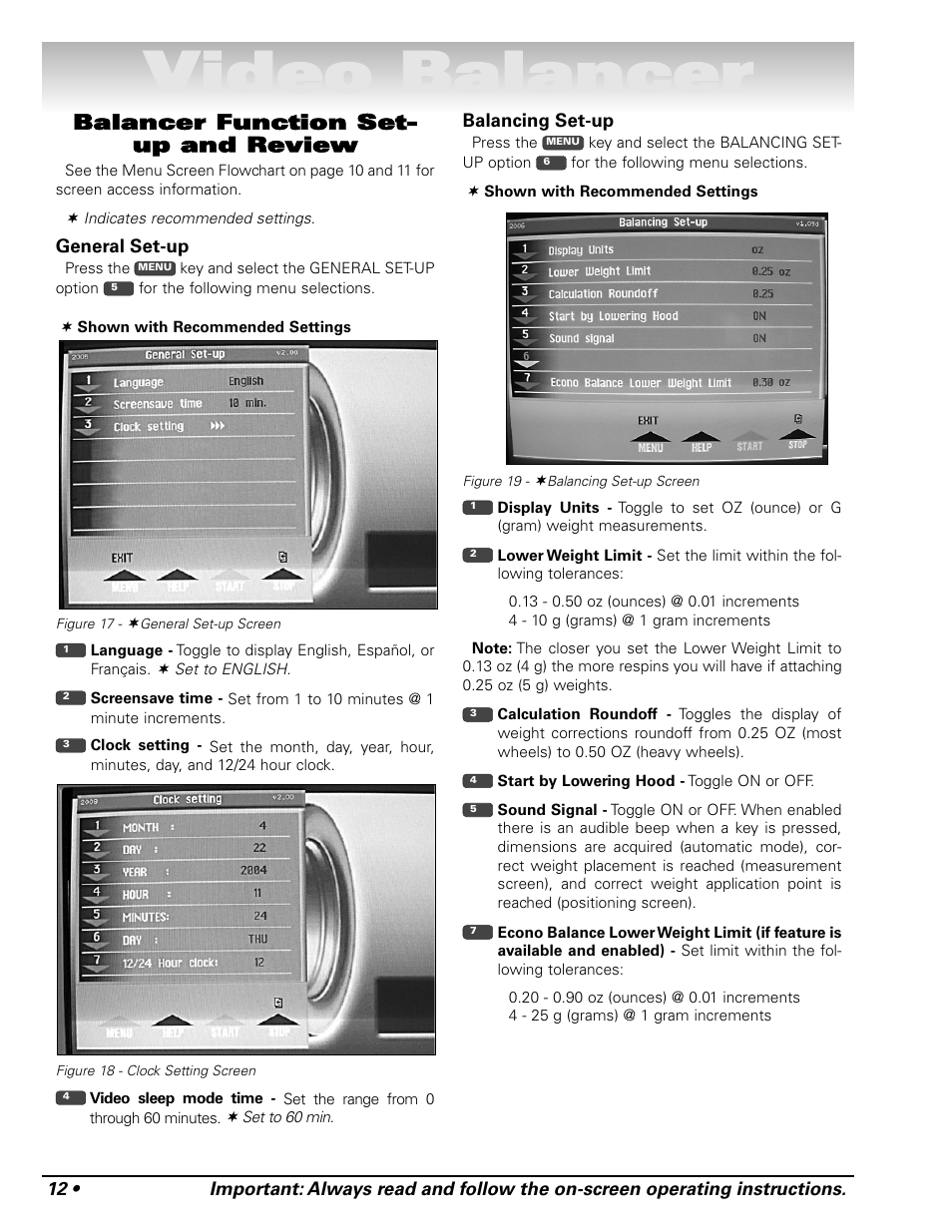 Video balancer, Balancer function set- up and review | COATS Series XR 1750, 1750-2D, 1750-3D, 1750-3DI Balancer User Manual | Page 18 / 40