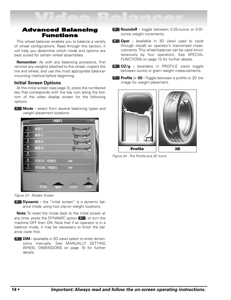 Video balancer, Advanced balancing functions | COATS Series XR 1750, 1750-2D, 1750-3D, 1750-3DI Balancer User Manual | Page 20 / 40