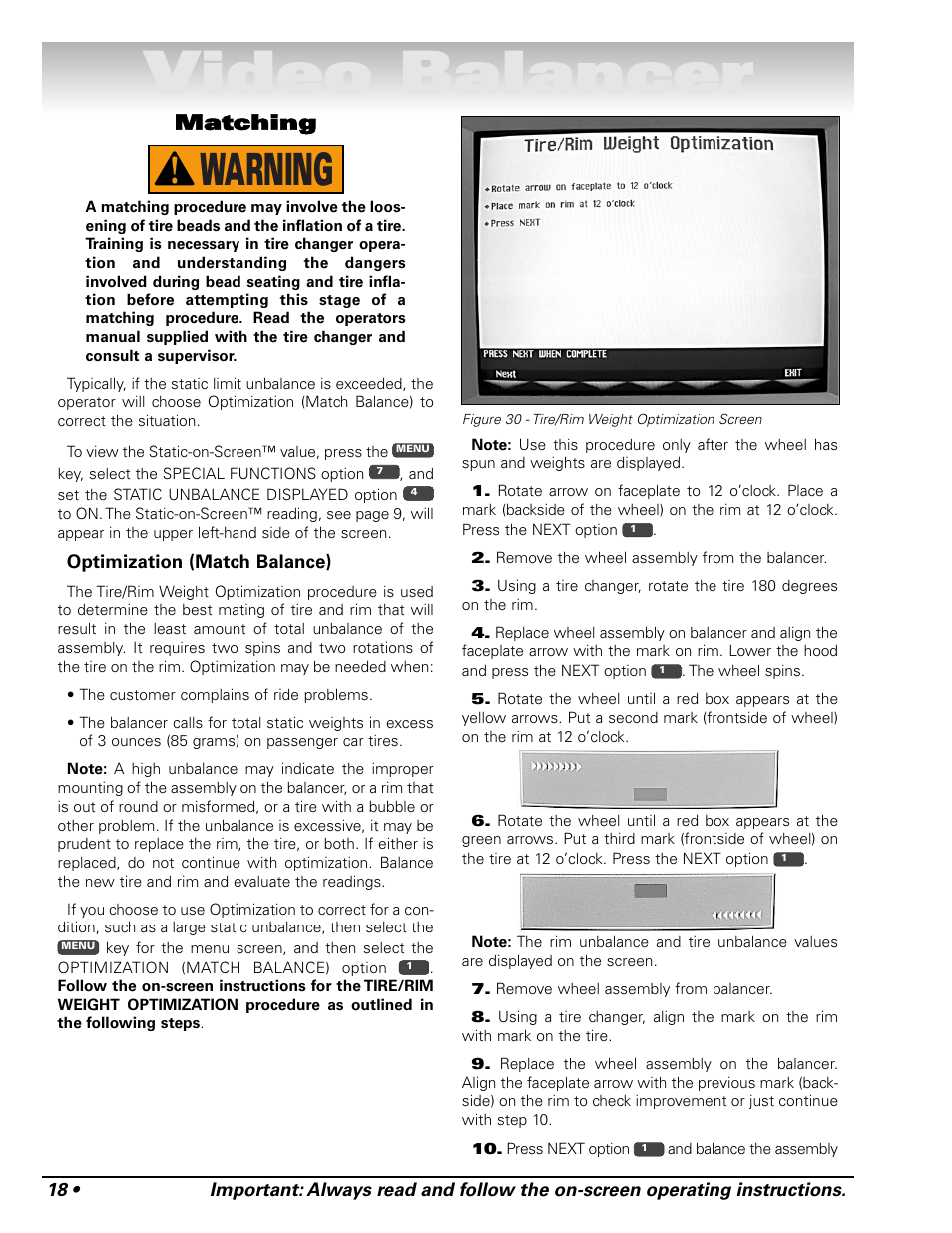 Video balancer, Warning, Matching | COATS Series XR 1750, 1750-2D, 1750-3D, 1750-3DI Balancer User Manual | Page 24 / 40