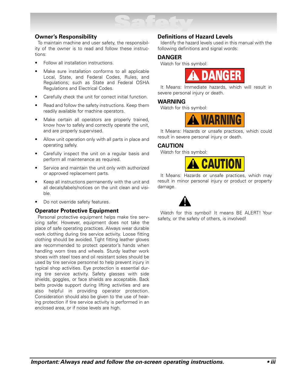 Safety, Caution warning danger | COATS Series XR 1750, 1750-2D, 1750-3D, 1750-3DI Balancer User Manual | Page 3 / 40