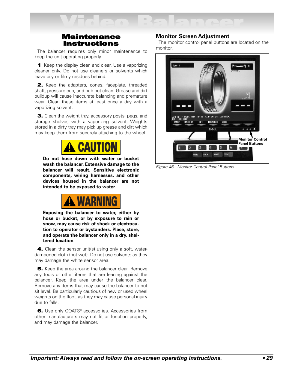 Video balancer, Warning caution | COATS Series XR 1750, 1750-2D, 1750-3D, 1750-3DI Balancer User Manual | Page 35 / 40