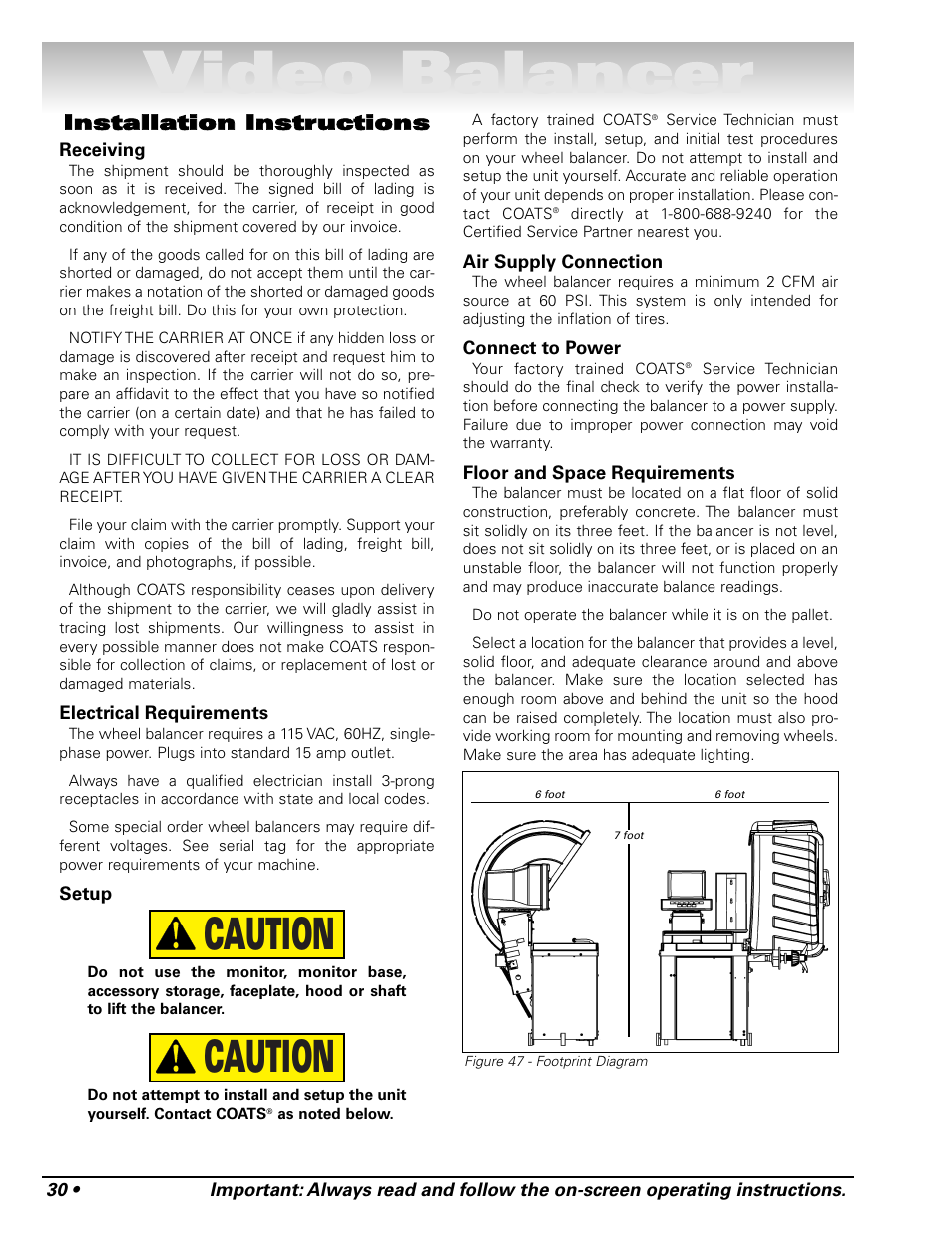 Video balancer, Caution, Installation instructions | COATS Series XR 1750, 1750-2D, 1750-3D, 1750-3DI Balancer User Manual | Page 36 / 40