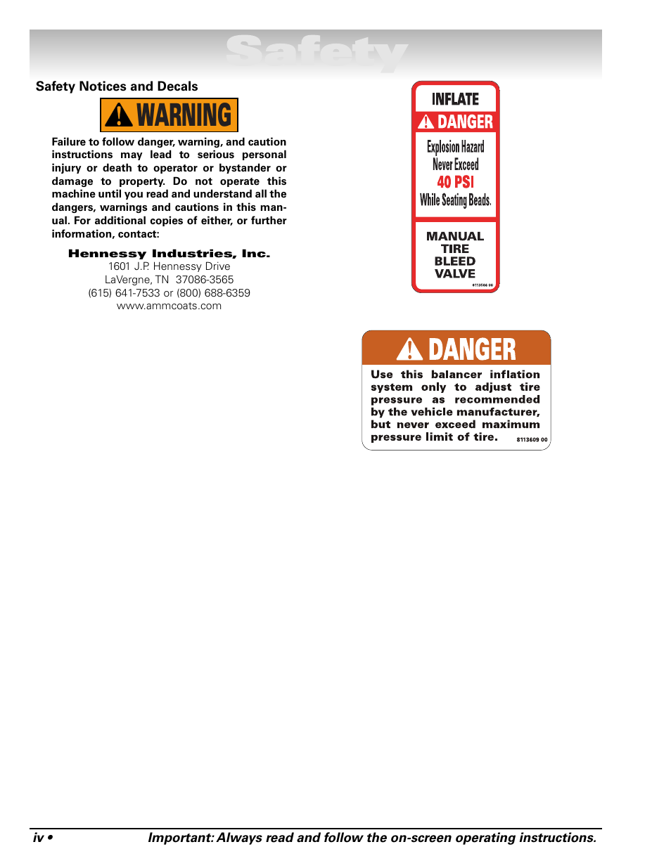 Safety, Warning | COATS Series XR 1750, 1750-2D, 1750-3D, 1750-3DI Balancer User Manual | Page 4 / 40