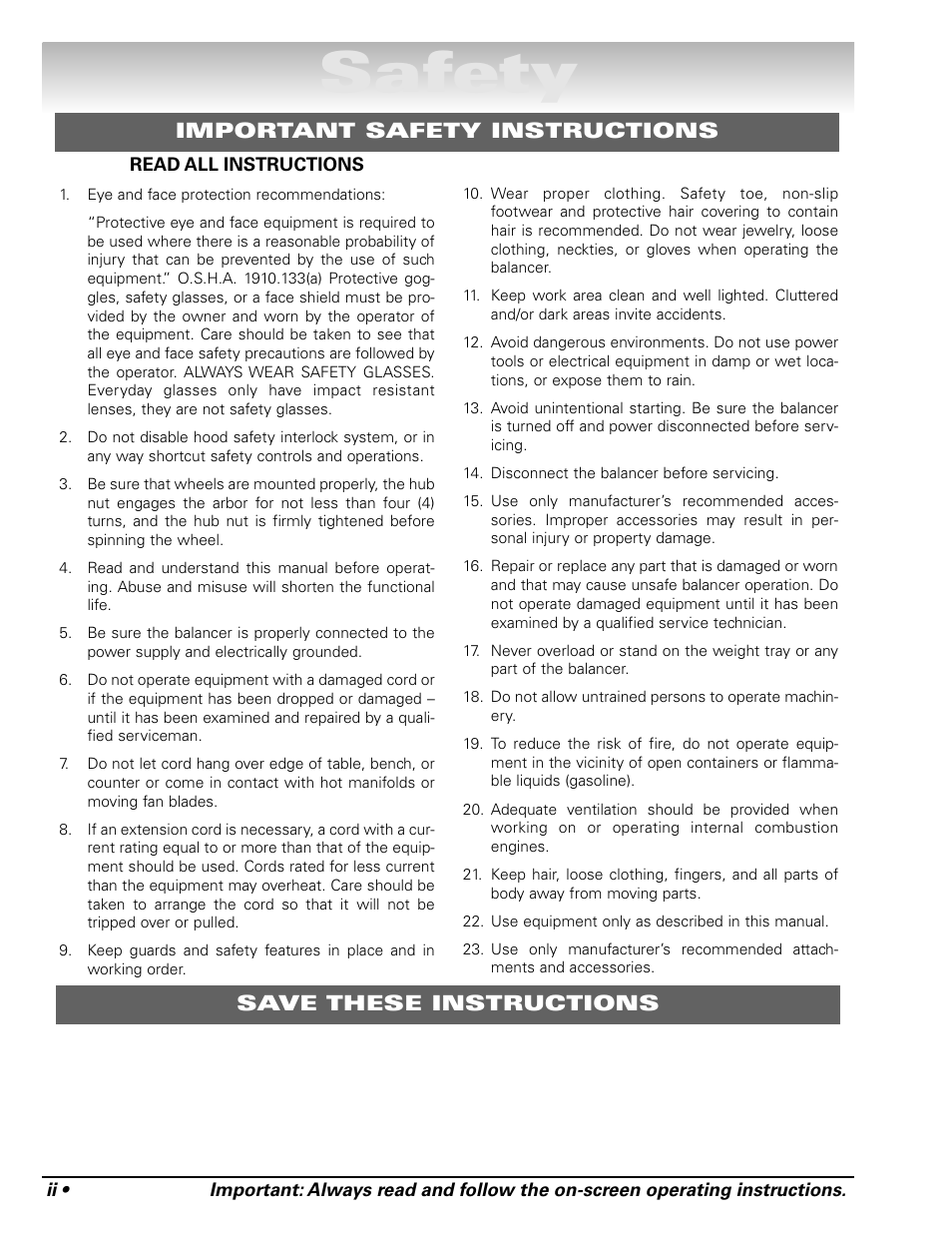 Safety | COATS Series XR 1800 Balancer User Manual | Page 2 / 48