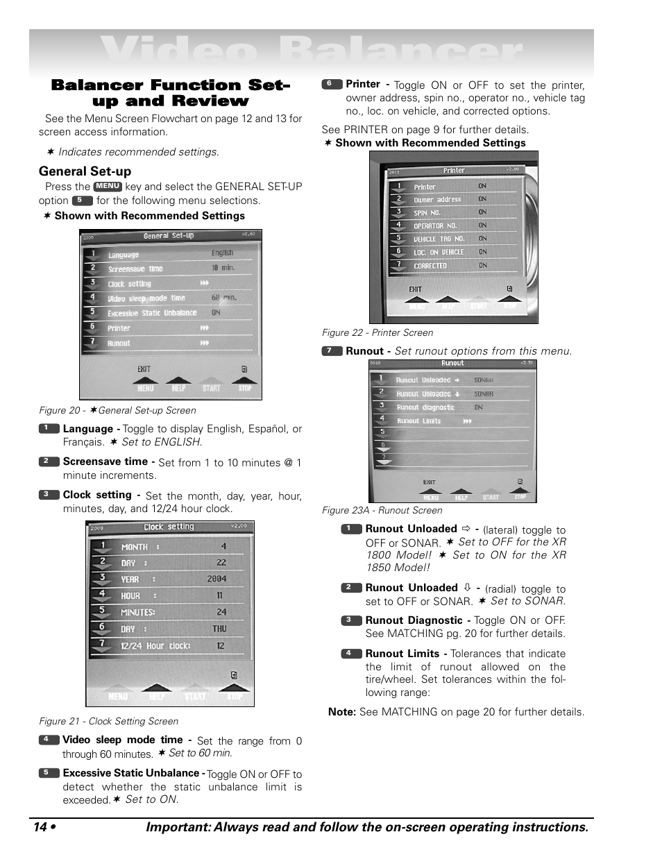 Video balancer, Balancer function set- up and review | COATS Series XR 1800 Balancer User Manual | Page 20 / 48