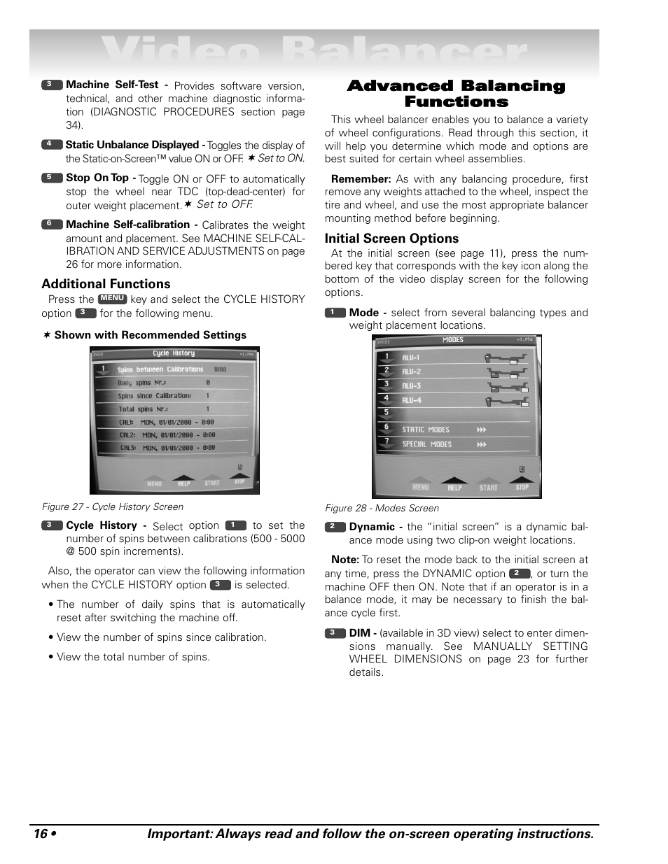 Video balancer, Advanced balancing functions | COATS Series XR 1800 Balancer User Manual | Page 22 / 48