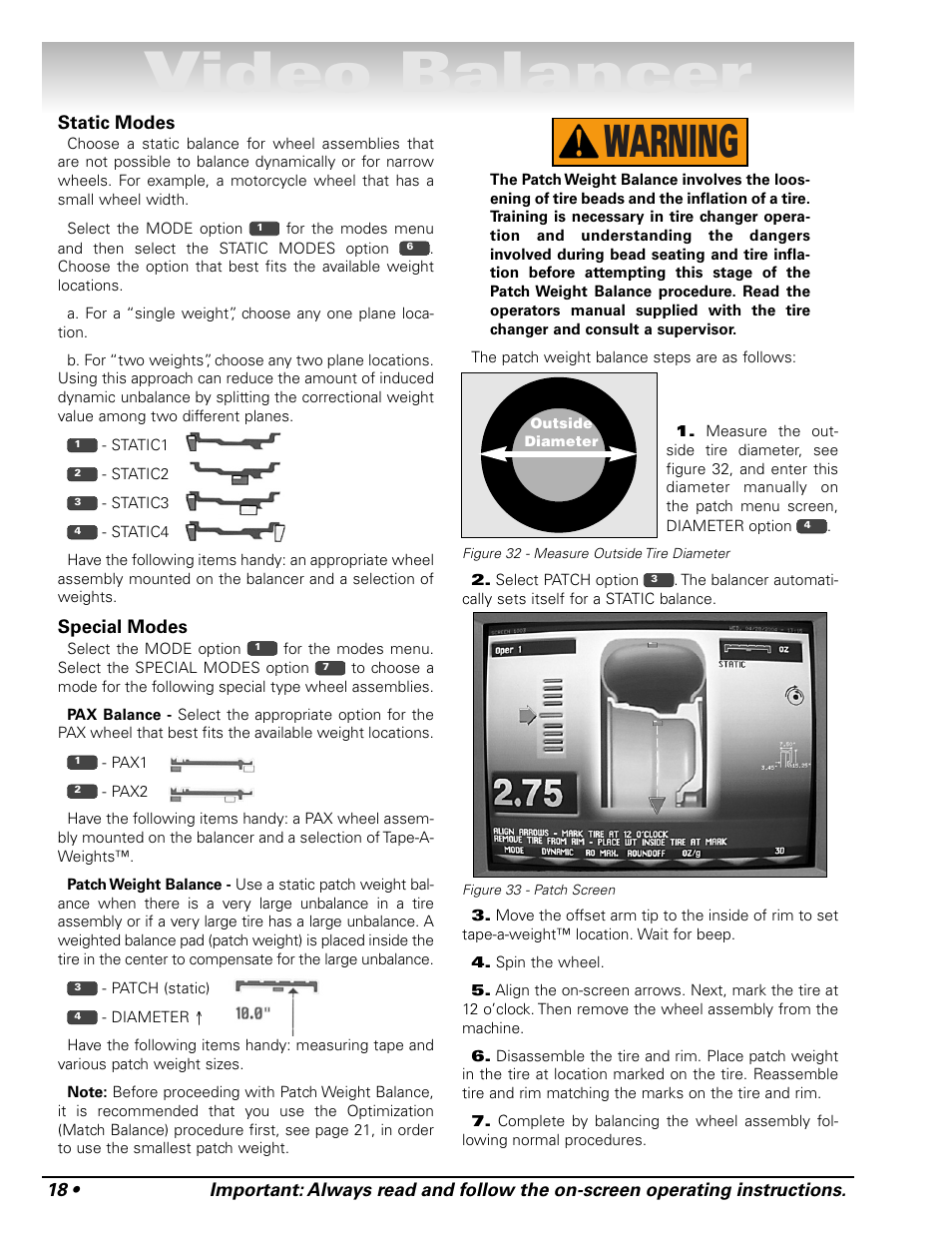 Video balancer, Warning | COATS Series XR 1800 Balancer User Manual | Page 24 / 48