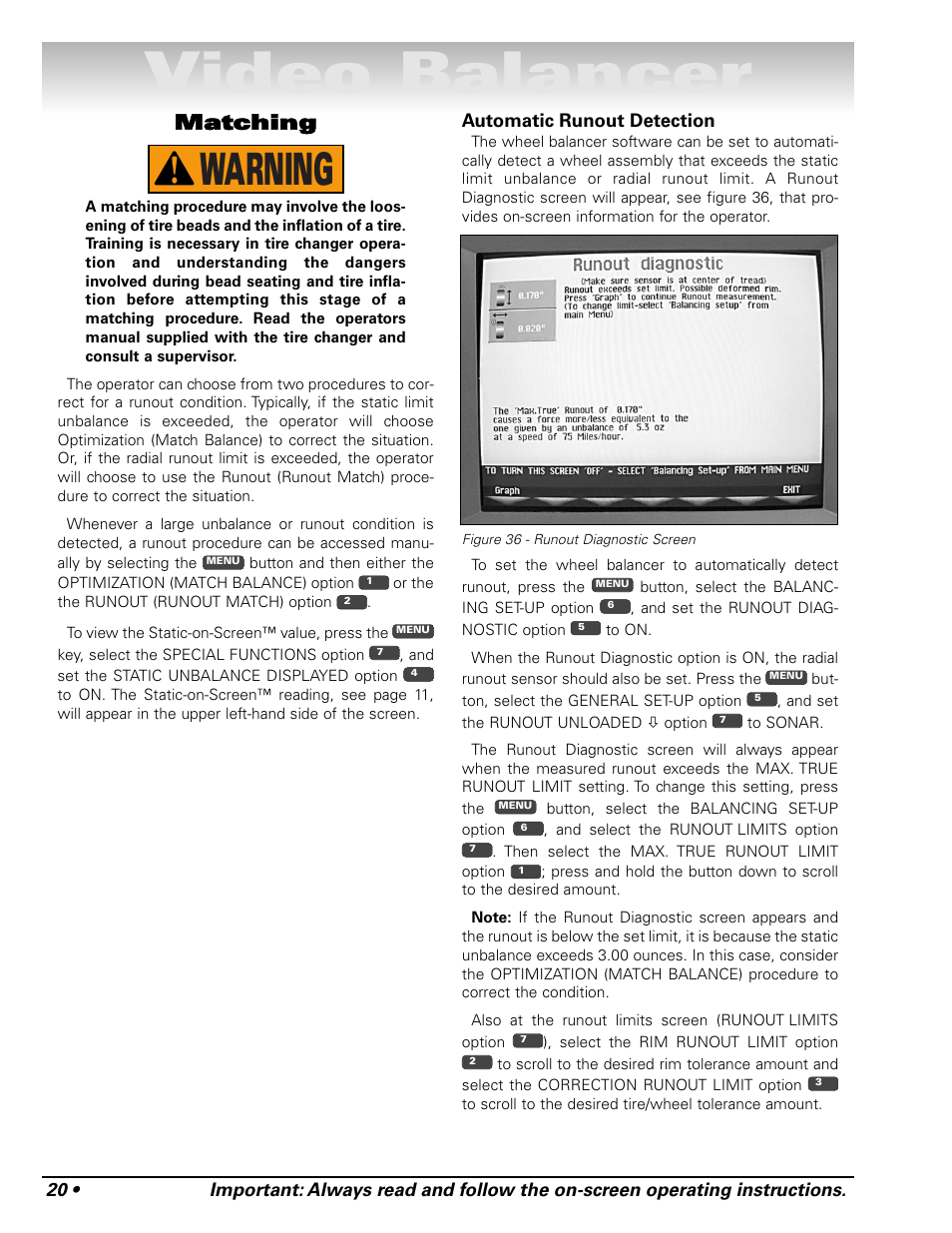 Video balancer, Warning, Matching | COATS Series XR 1800 Balancer User Manual | Page 26 / 48