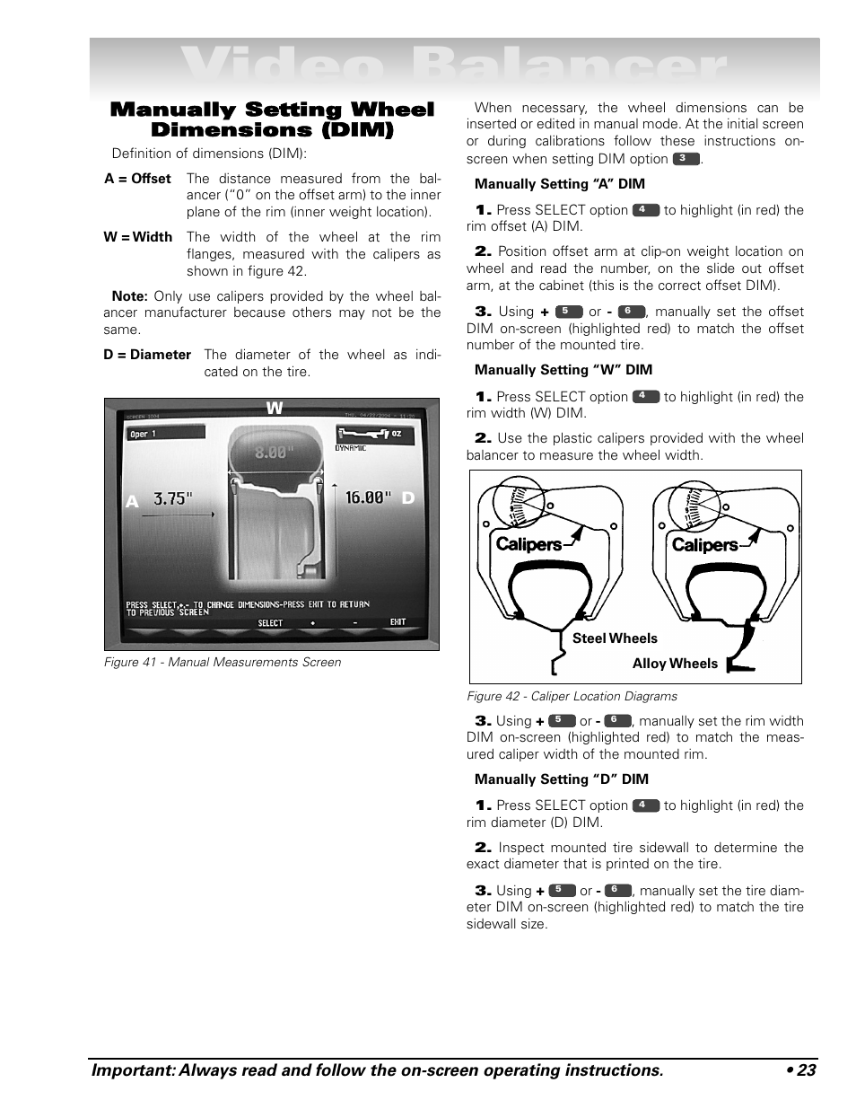 Video balancer, Manually setting wheel dimensions (dim) | COATS Series XR 1800 Balancer User Manual | Page 29 / 48