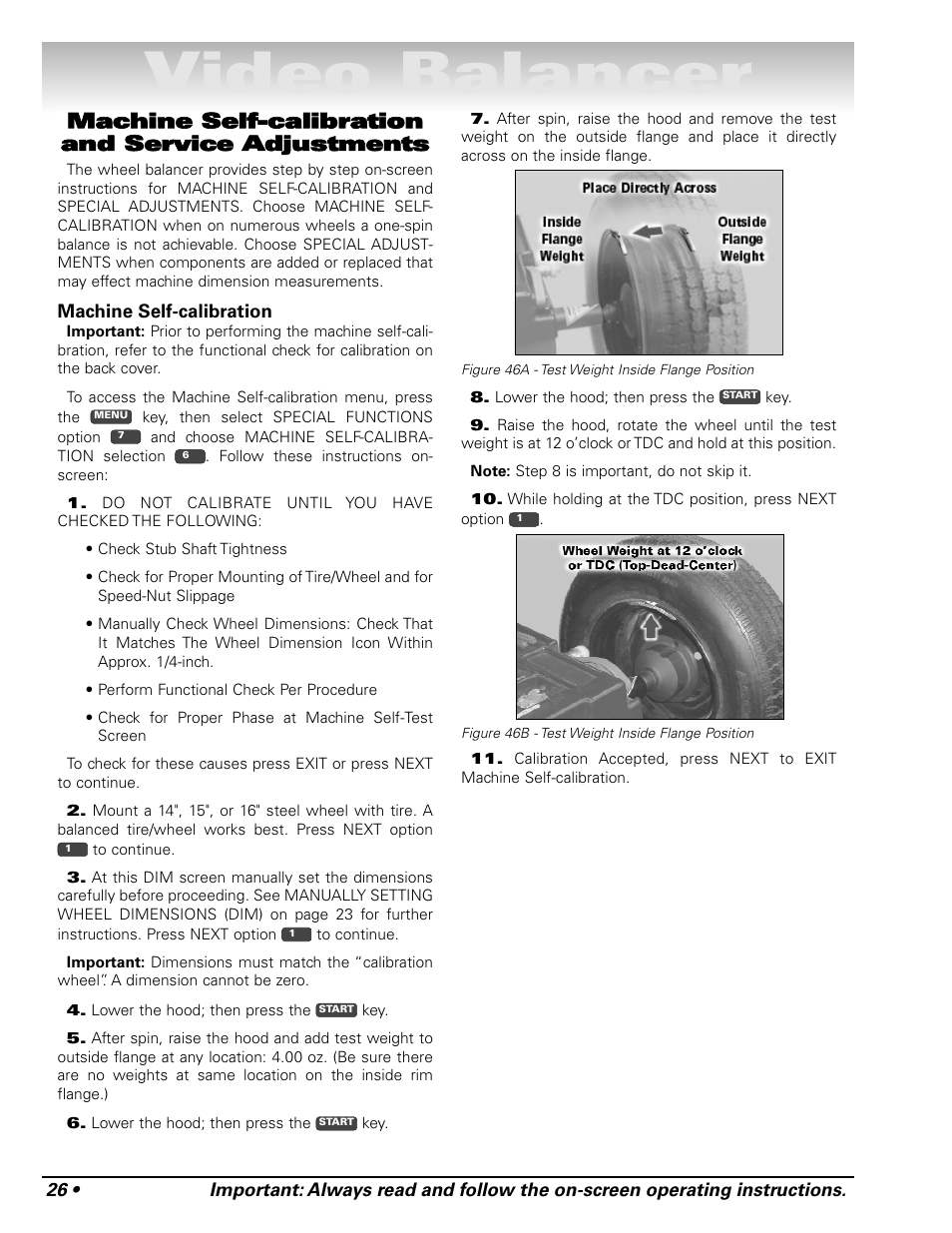 Video balancer, Machine self-calibration and service adjustments | COATS Series XR 1800 Balancer User Manual | Page 32 / 48