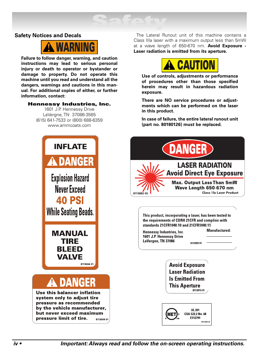 Safety, Caution warning | COATS Series XR 1800 Balancer User Manual | Page 4 / 48