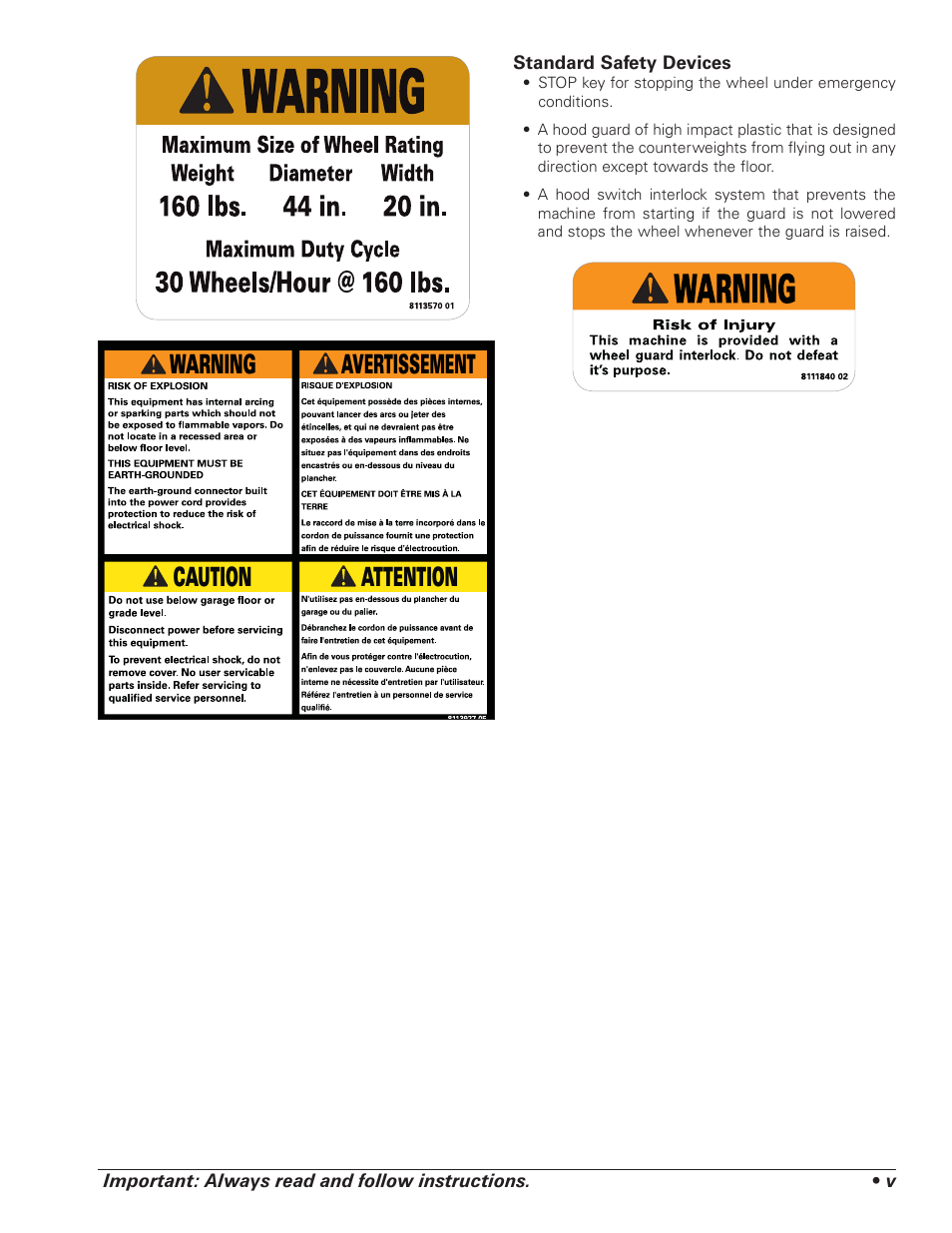 Caution warning attention avertissement | COATS Vero Series Wheel Balancer User Manual | Page 5 / 30