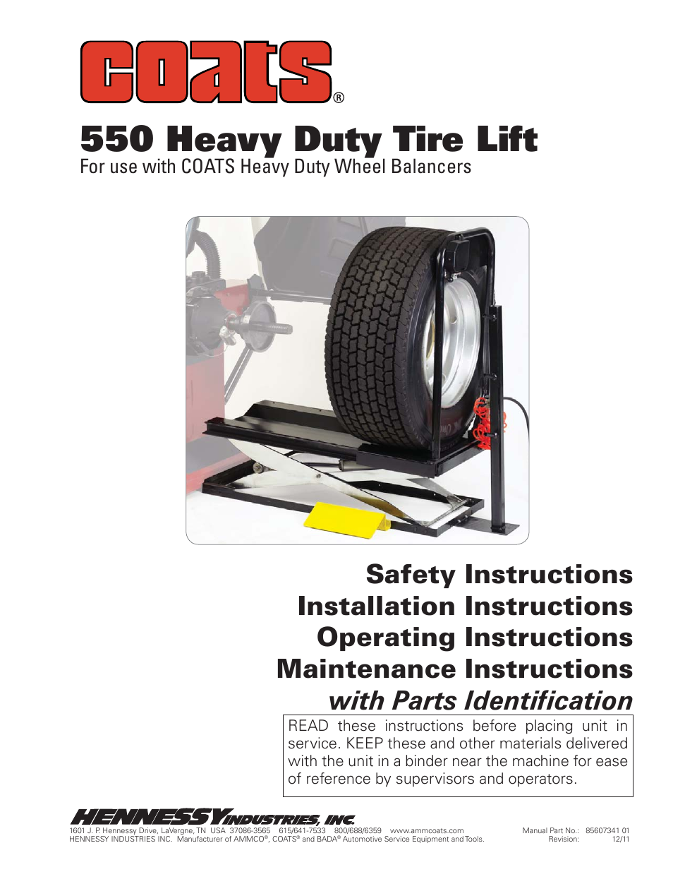 COATS 550 Heavy Duty Tire Lift User Manual | 8 pages