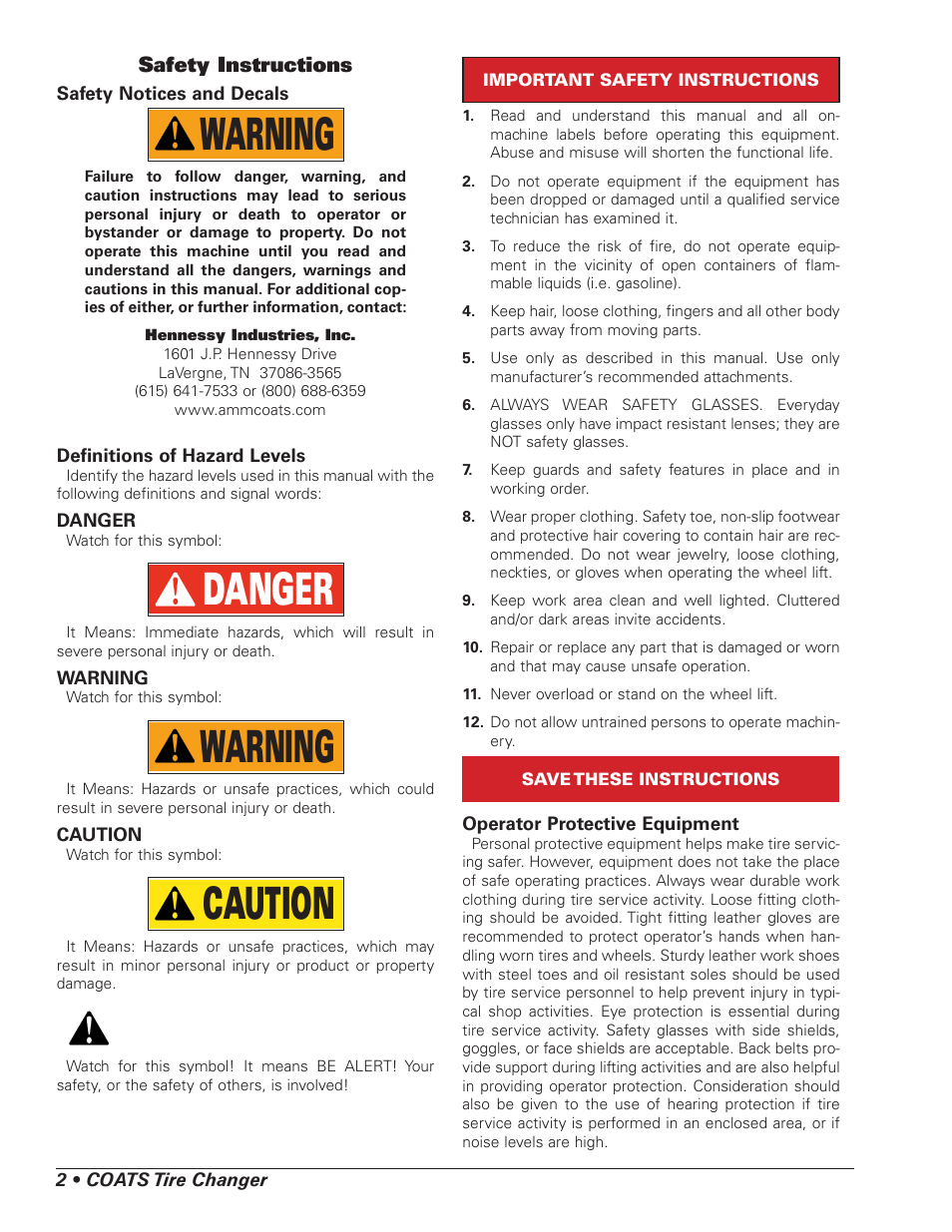 Warning, Danger, Caution | Safety instructions | COATS 550 Heavy Duty Tire Lift User Manual | Page 2 / 8