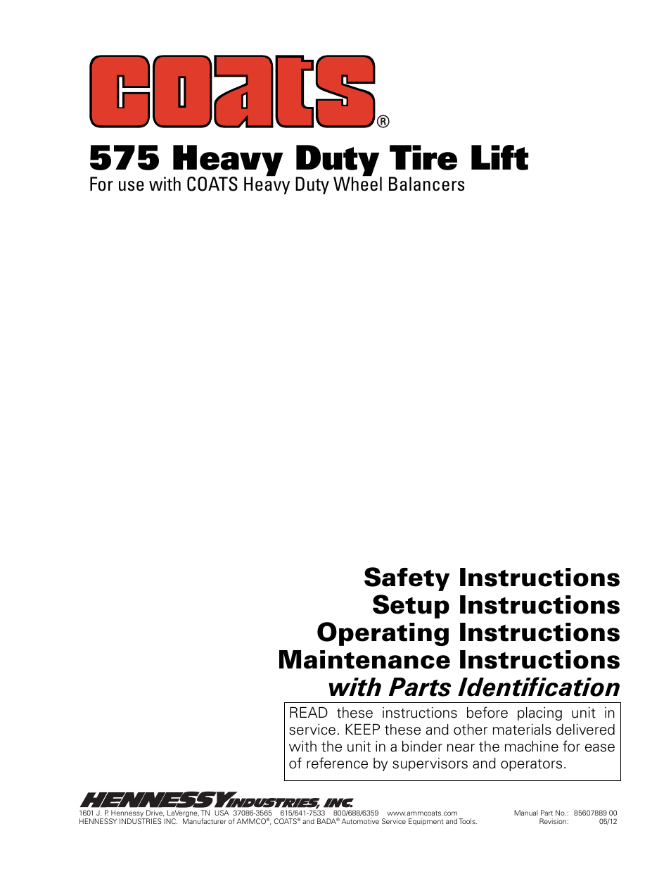 COATS 575 Heavy Duty Tire Lift User Manual | 12 pages