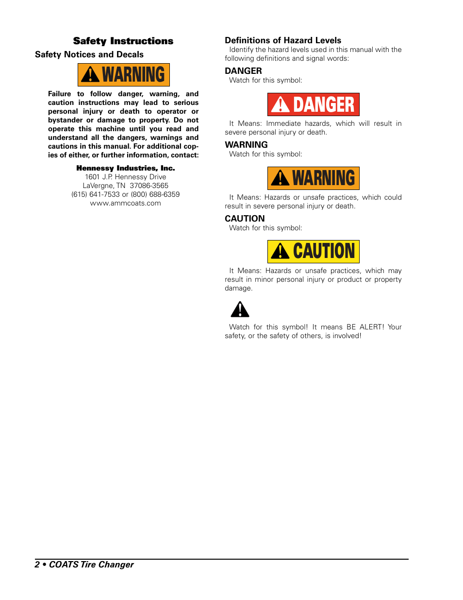 Warning, Danger, Caution | COATS 575 Heavy Duty Tire Lift User Manual | Page 2 / 12