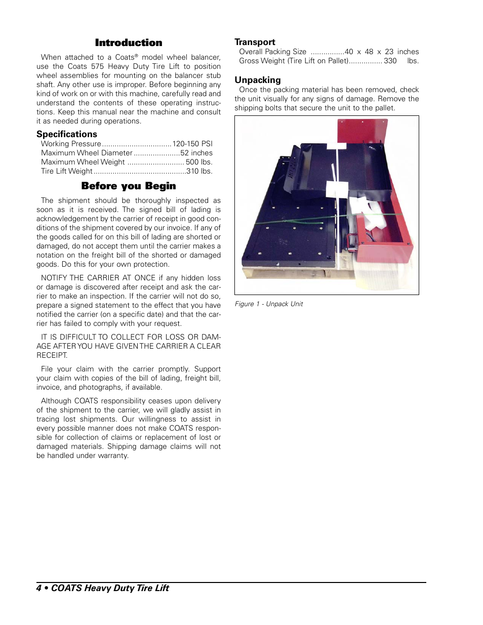 Introduction, Before you begin | COATS 575 Heavy Duty Tire Lift User Manual | Page 4 / 12