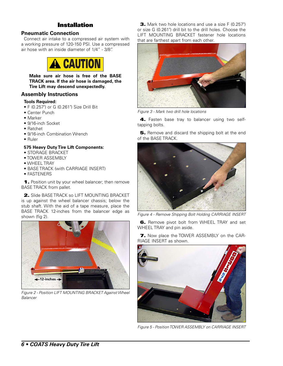 Caution, Installation | COATS 575 Heavy Duty Tire Lift User Manual | Page 6 / 12