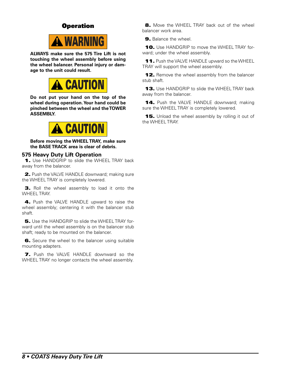 Warning, Caution | COATS 575 Heavy Duty Tire Lift User Manual | Page 8 / 12