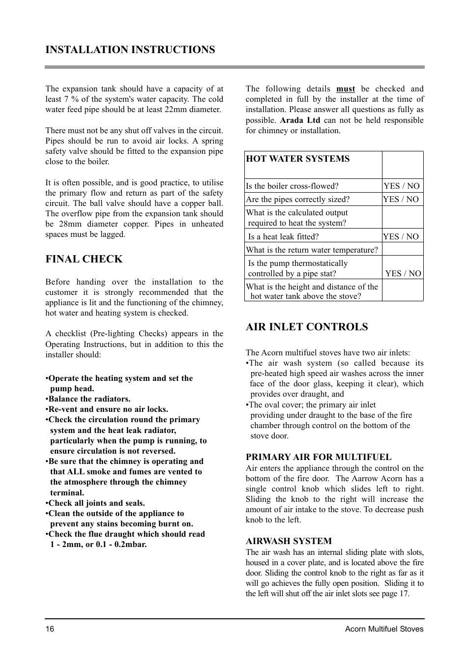 Installation instructions, Final check, Air inlet controls | Aarrow Fires Tf 70 User Manual | Page 16 / 28
