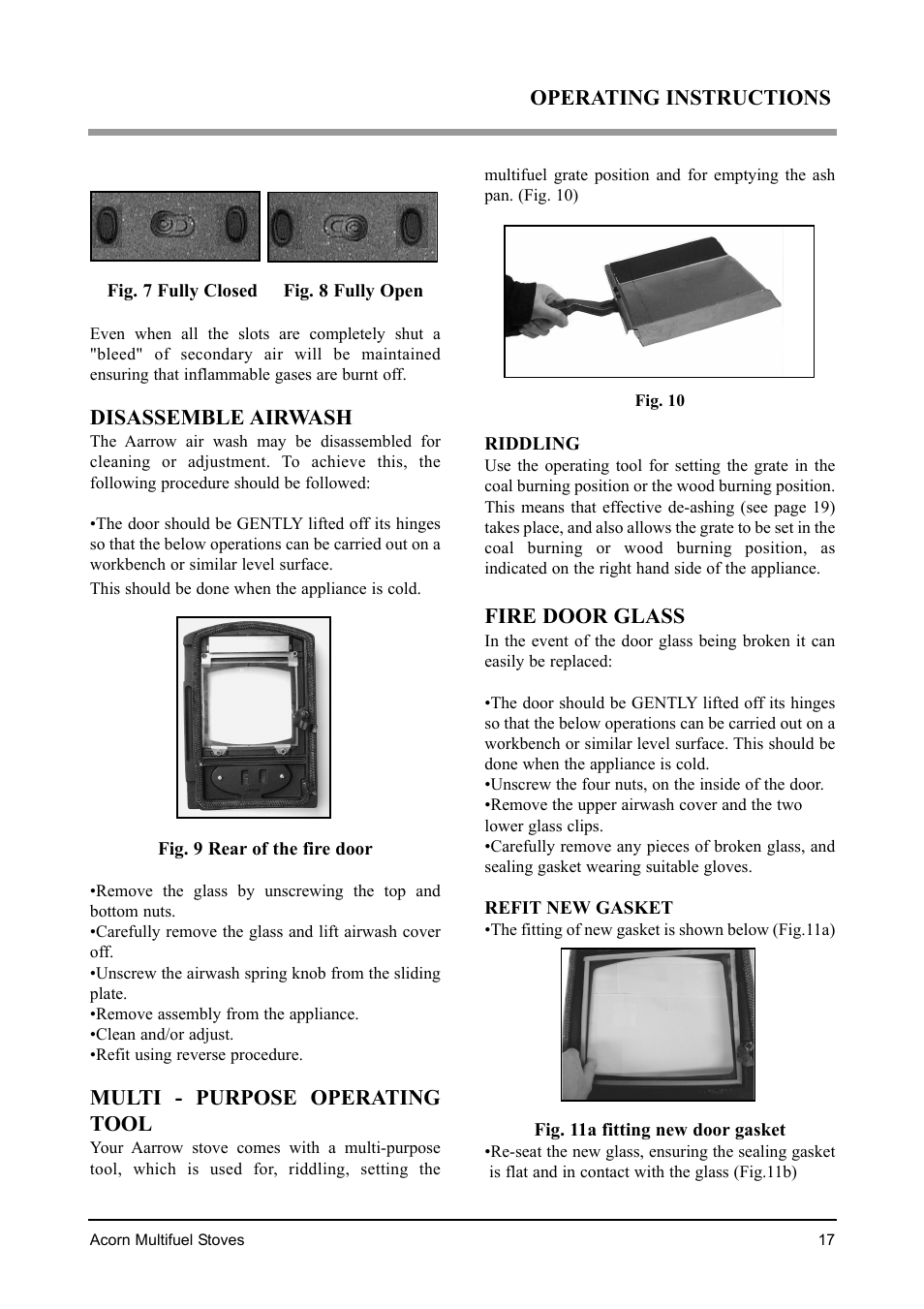 Disassemble airwash, Multi - purpose operating tool, Fire door glass | Operating instructions | Aarrow Fires Tf 70 User Manual | Page 17 / 28