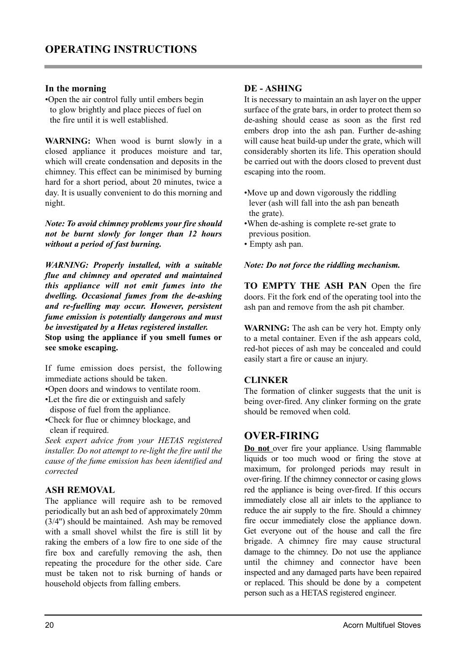 Over-firing, Operating instructions | Aarrow Fires Tf 70 User Manual | Page 20 / 28
