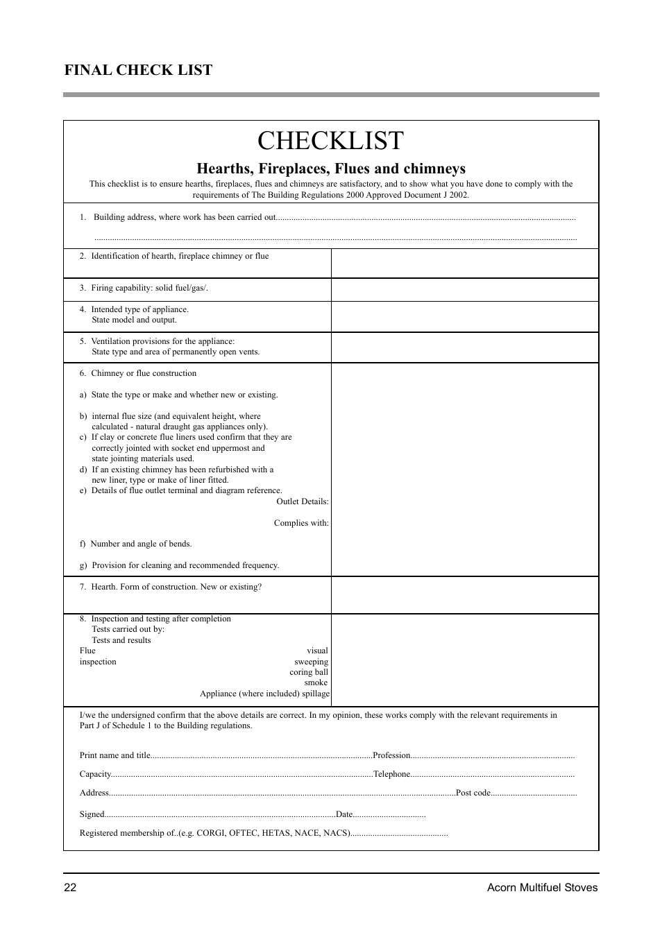 Checklist, Final check list, Hearths, fireplaces, flues and chimneys | Aarrow Fires Tf 70 User Manual | Page 22 / 28