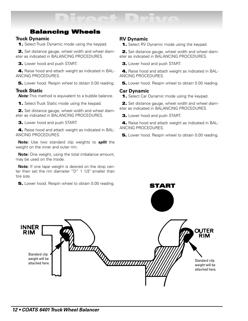 Direct drive, Balancing wheels, Start | COATS 6401 Computer Truck Wheel Balancer User Manual | Page 18 / 24