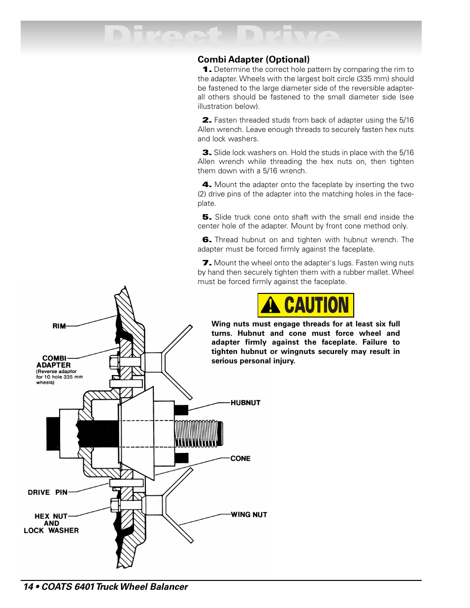 Direct drive, Caution | COATS 6401 Computer Truck Wheel Balancer User Manual | Page 20 / 24