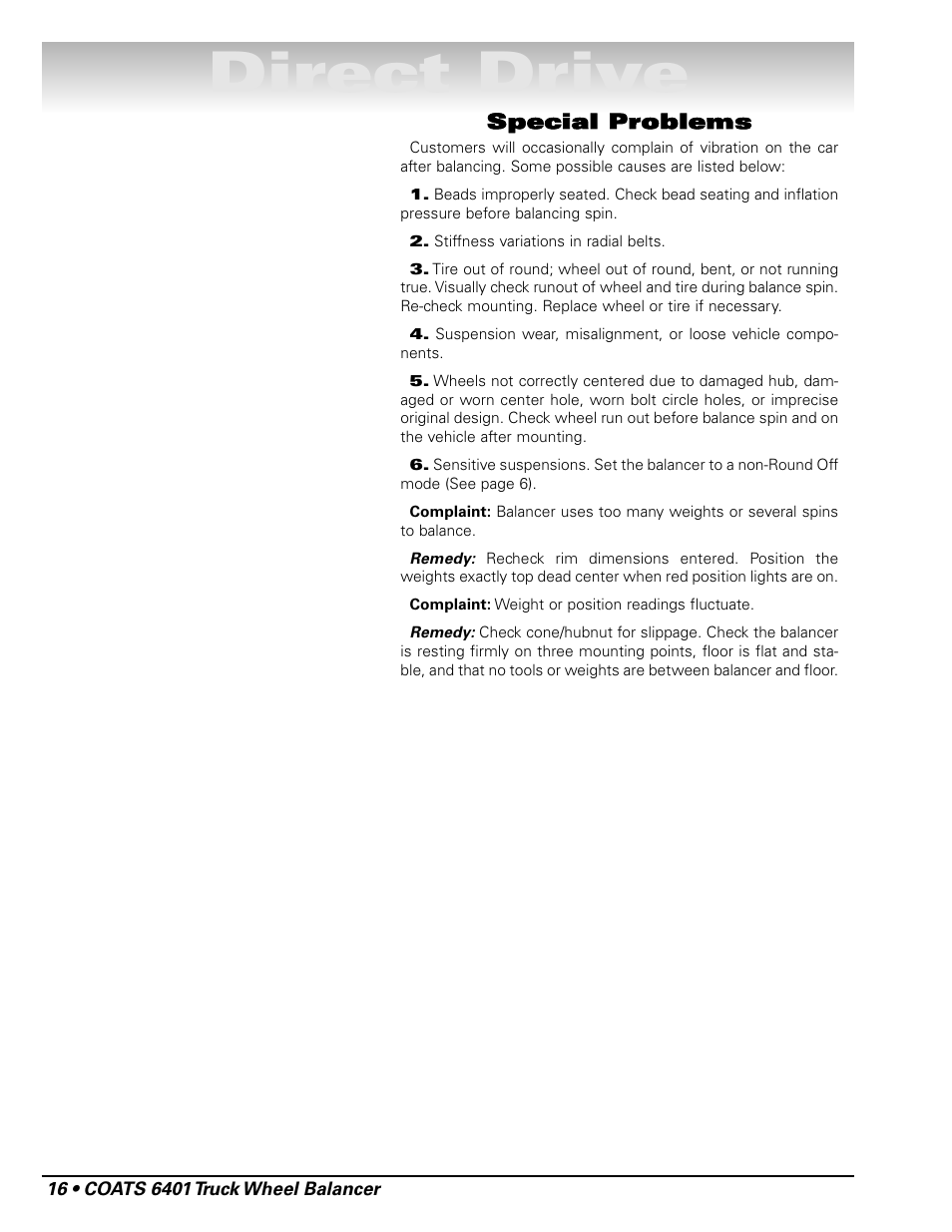 Direct drive, Special problems | COATS 6401 Computer Truck Wheel Balancer User Manual | Page 22 / 24