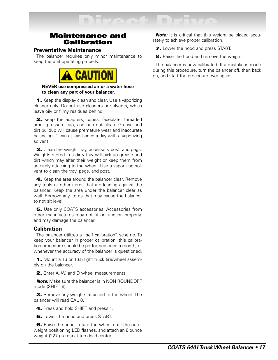 Direct drive, Caution, Maintenance and calibration | COATS 6401 Computer Truck Wheel Balancer User Manual | Page 23 / 24