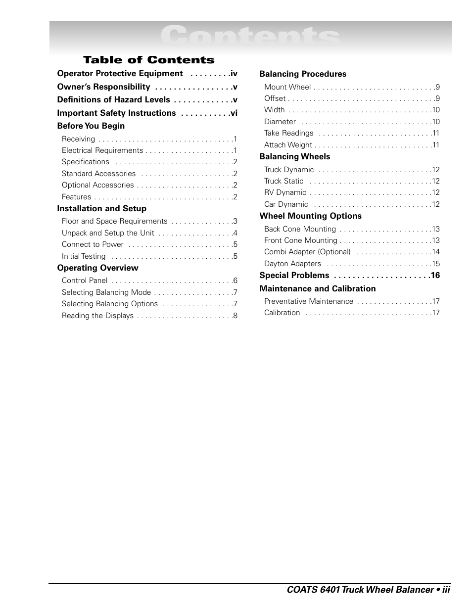 COATS 6401 Computer Truck Wheel Balancer User Manual | Page 3 / 24