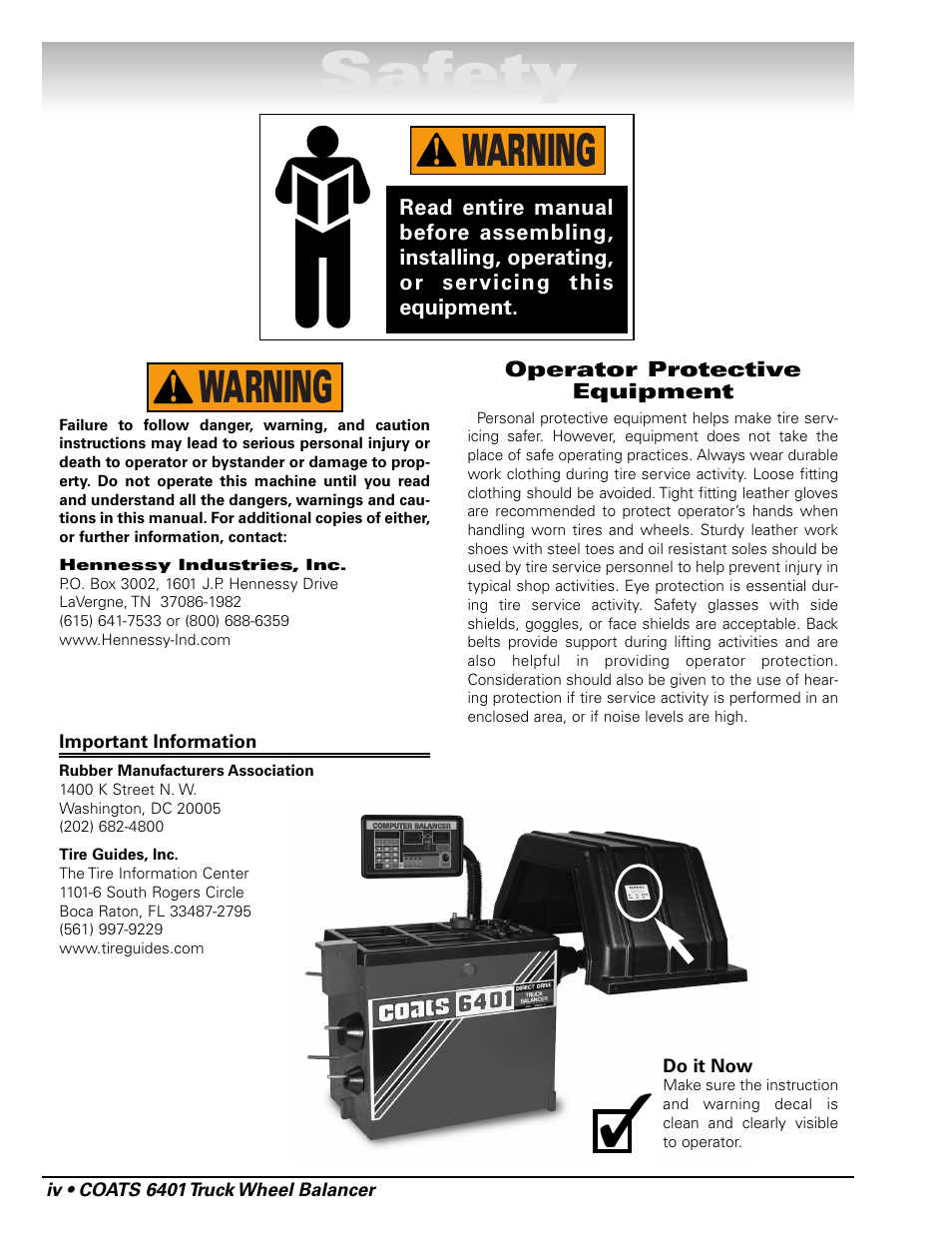 Safety, Warning | COATS 6401 Computer Truck Wheel Balancer User Manual | Page 4 / 24