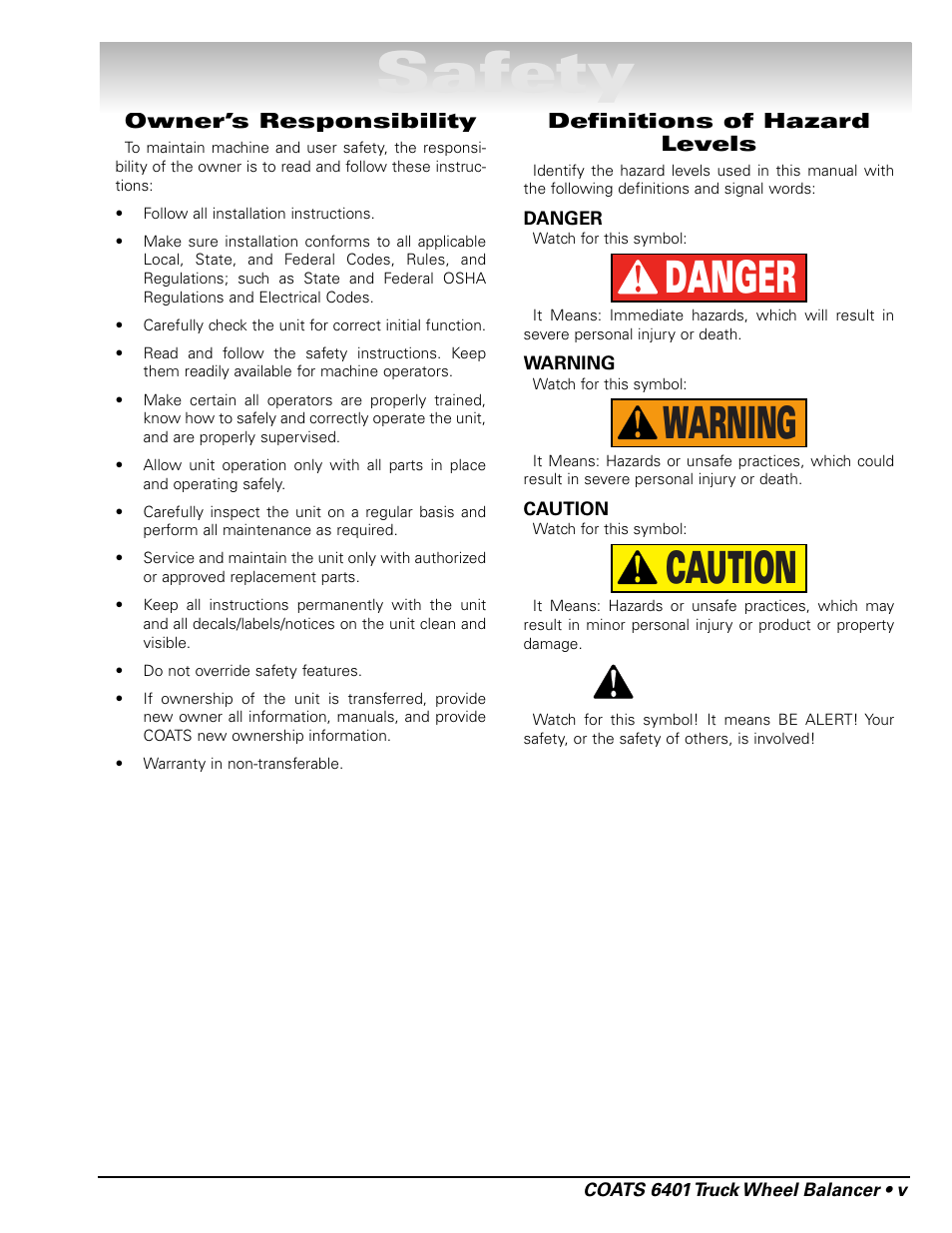 Safety, Caution warning danger | COATS 6401 Computer Truck Wheel Balancer User Manual | Page 5 / 24