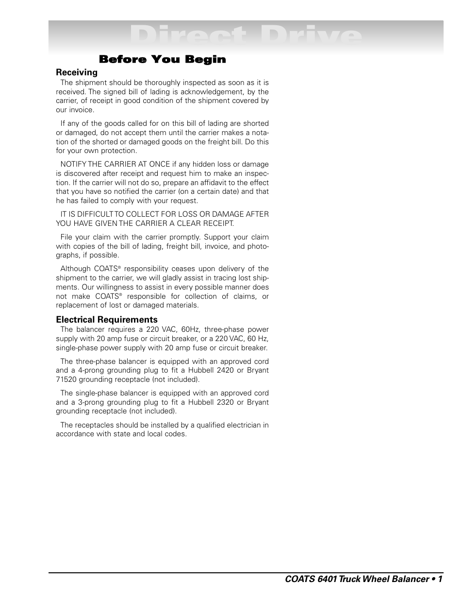 Direct drive, Before you begin | COATS 6401 Computer Truck Wheel Balancer User Manual | Page 7 / 24