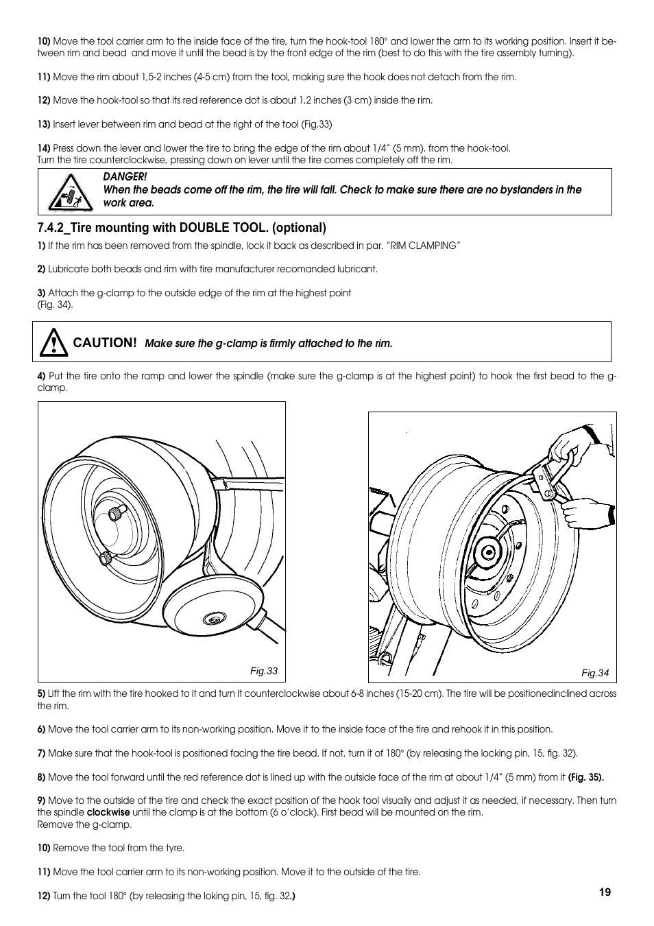 Caution, ._tire mounting with double tool. (optional) | COATS CDH-4730 Electric-Hydraulic Tire Changer User Manual | Page 19 / 30