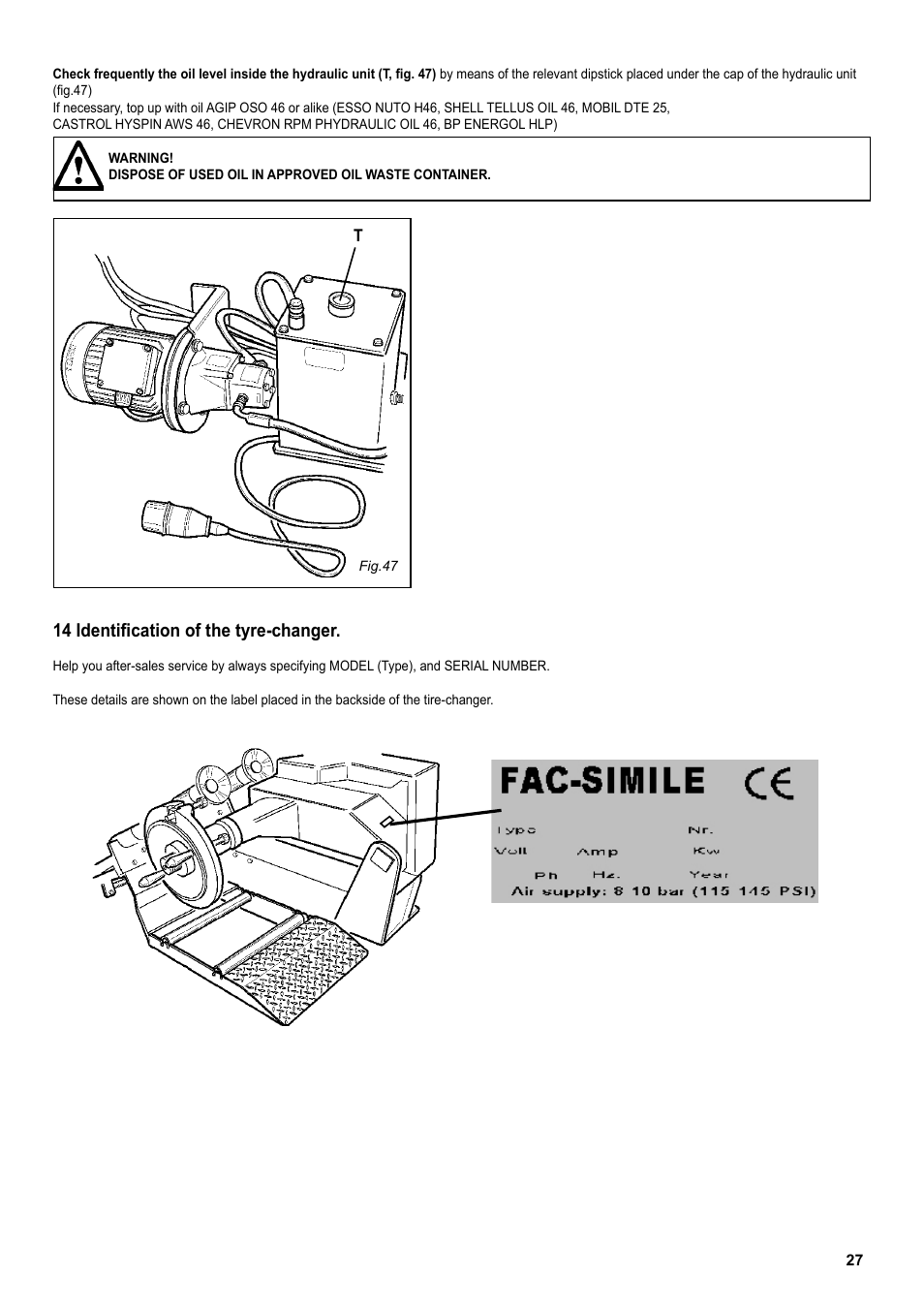 14 identification of the tyre-changer | COATS CDH-4730 Electric-Hydraulic Tire Changer User Manual | Page 27 / 30